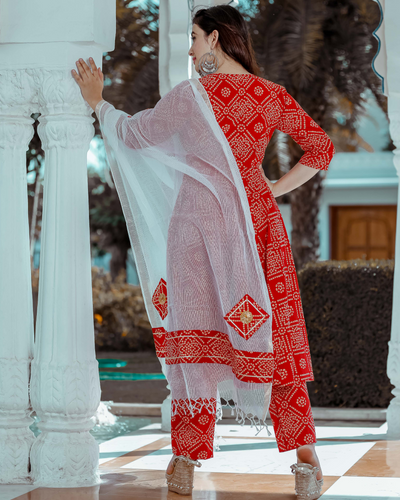 Buy Thread & Button Aria Red Bandhani Suit (Set of 3) online